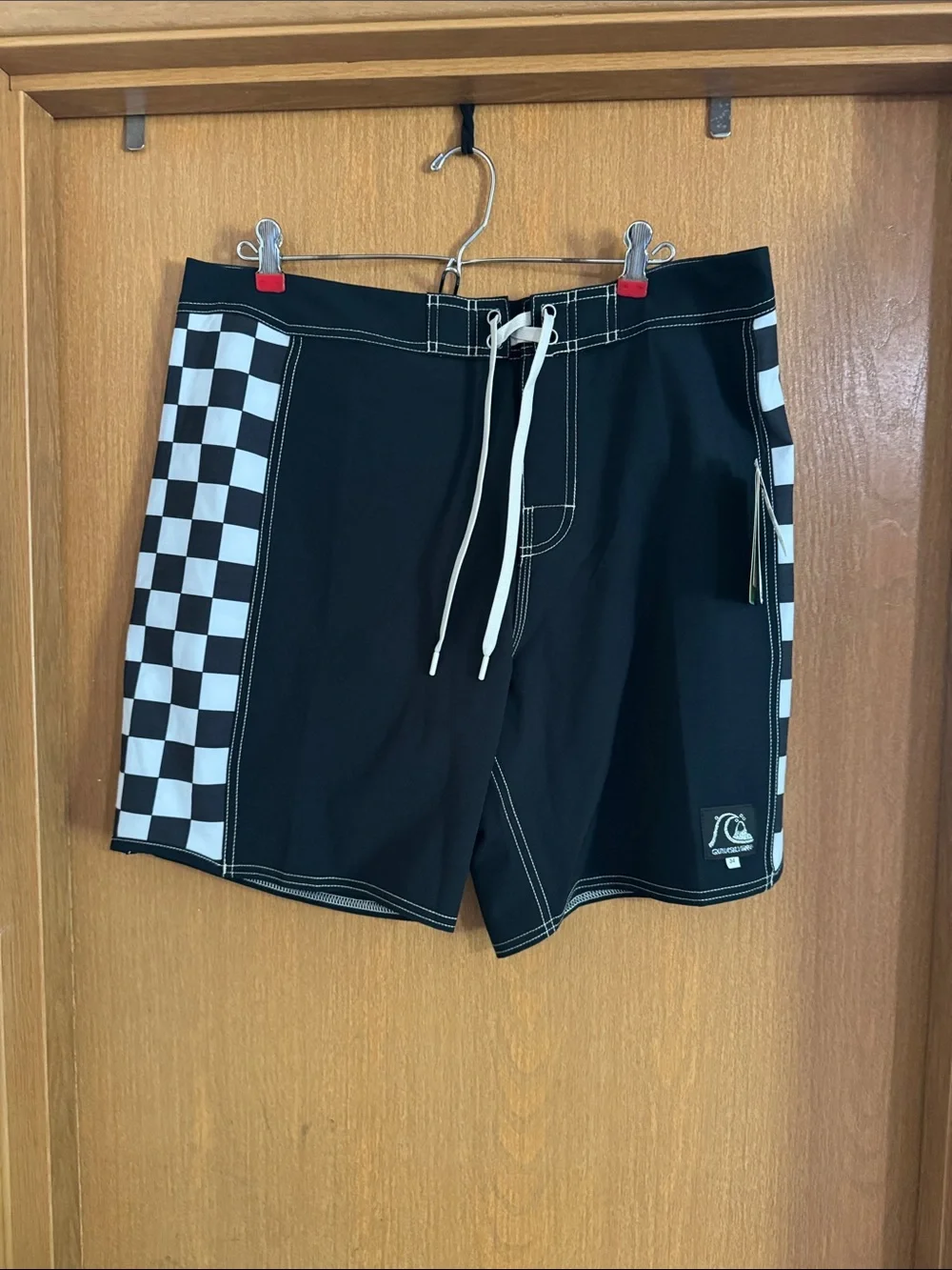 Quiksilver Black Boardshorts with White Checkerboard Side Panels